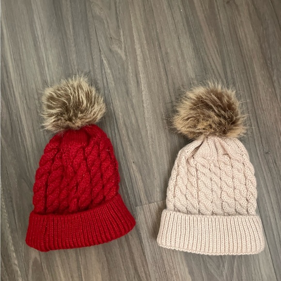 Boutique Cozy Knit Pom-Pom Beanie Set - Red and Cream 100% acrylic OS - Picture 2 of 2